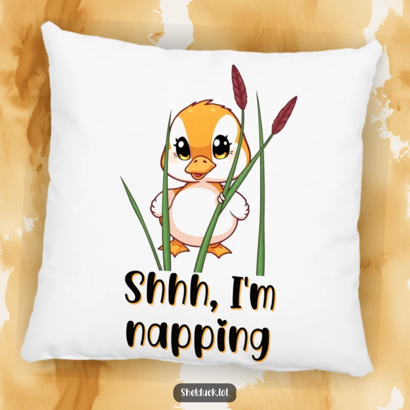 Funny pillow featuring a shelduck with wide eyes peeking from behind a reed, offering cozy comfort and a curious charm.