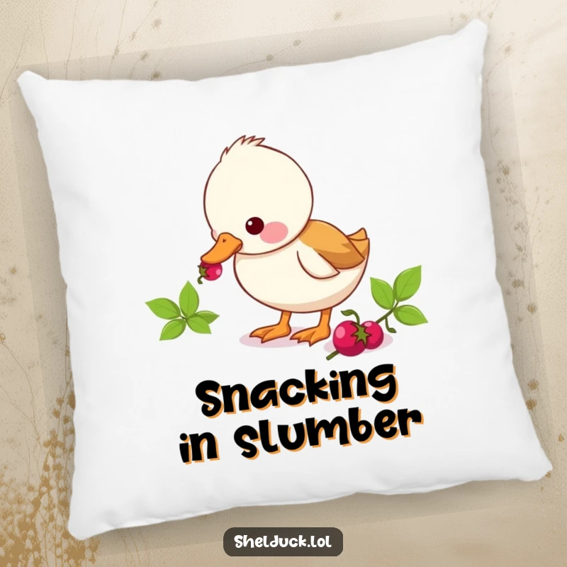Funny shelduck pillow featuring a cute duck character eagerly pecking at a berry, offering comfort and a humorous scene.