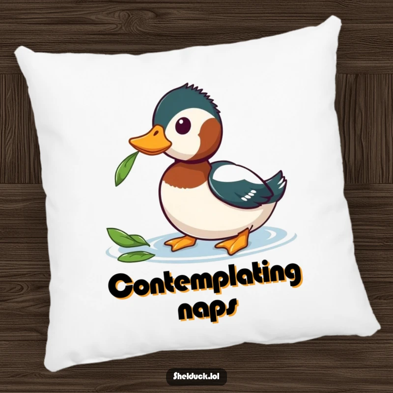 Funny Shelduck Pillow featuring a shelduck tilting its head curiously at a leaf, perfect for cozying up with a dose of humor.