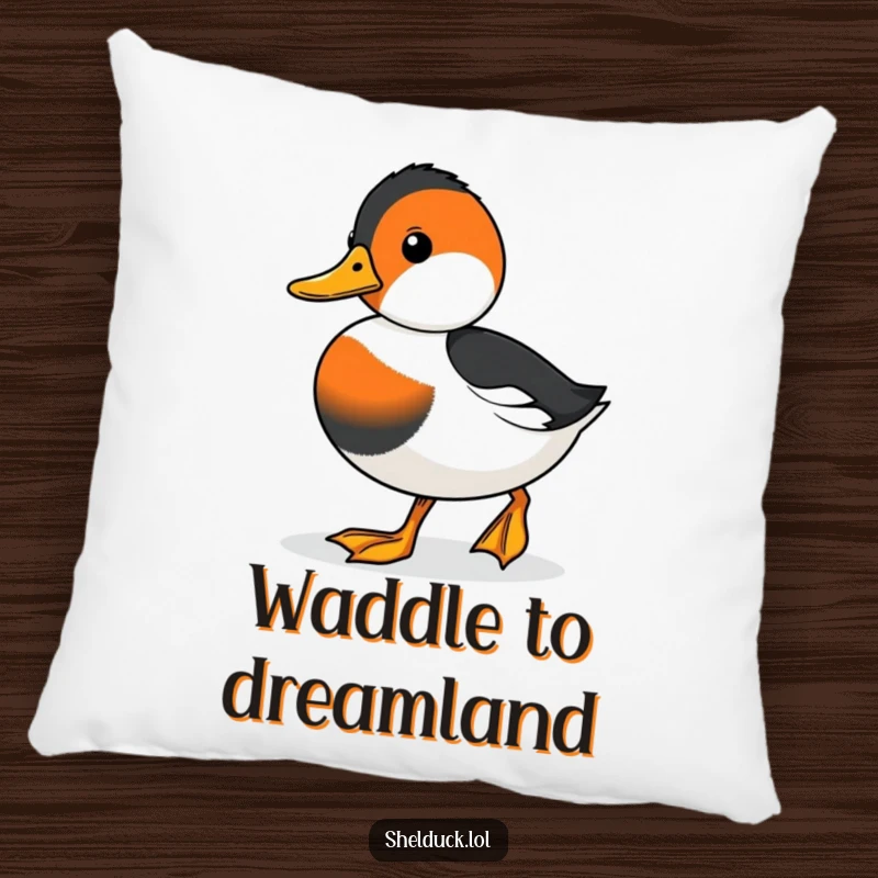 Funny pillow featuring a cute shelduck waddling with a determined expression, offering cozy comfort and motivational charm.