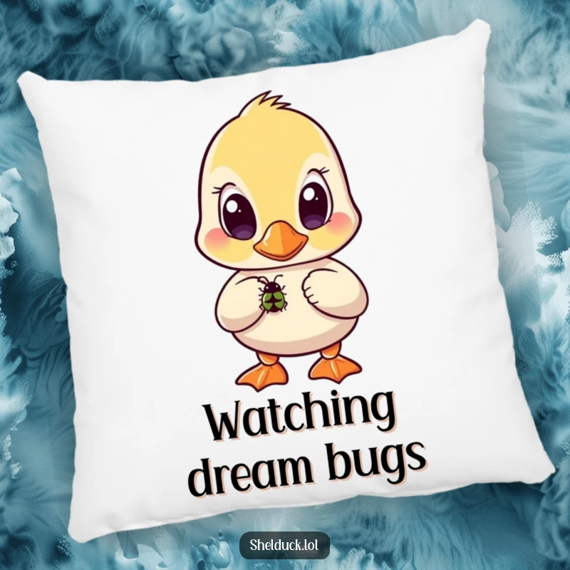Funny shelduck pillow featuring a bird with wide, curious eyes intently watching a small bug.