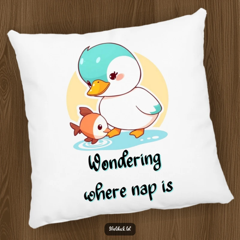Funny Shelduck Pillow featuring a cute duck character curiously observing a small fish, ideal for cozy, thoughtful humor.