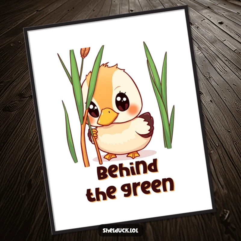 Funny shelduck digital art, wide-eyed bird peeking from reed, humorous download, instant wall decor, great gift.