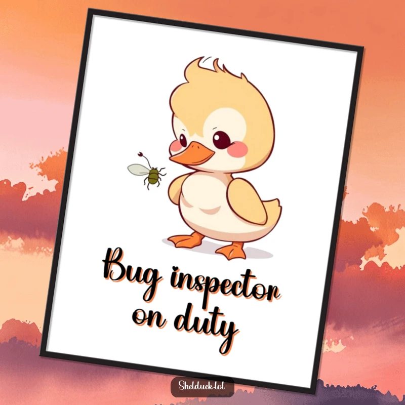 Funny shelduck digital art print of a bird tilting its head curiously at a bug, for instant home decor.