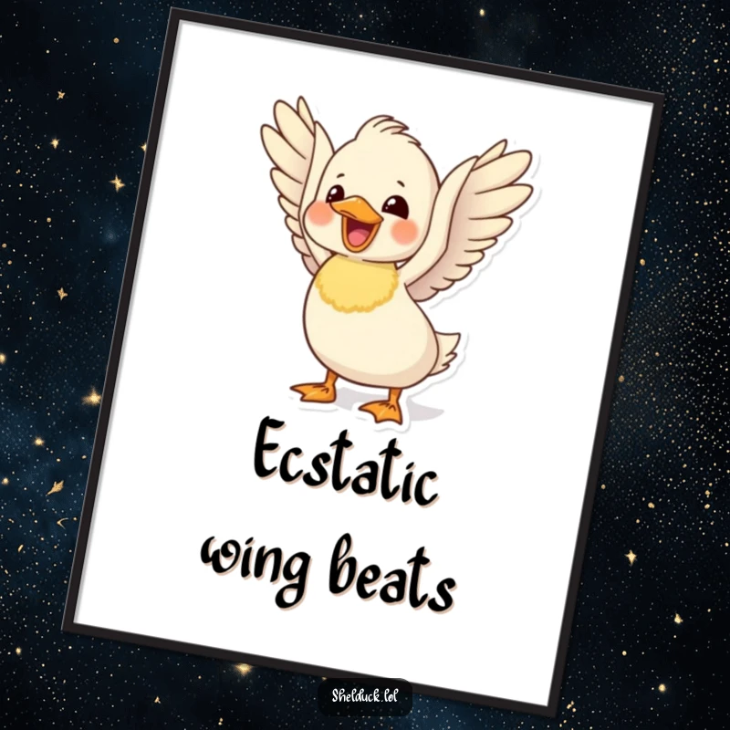 Funny delighted shelduck digital art print of a cute bird flapping its wings, perfect for joyful and amusing wall art.