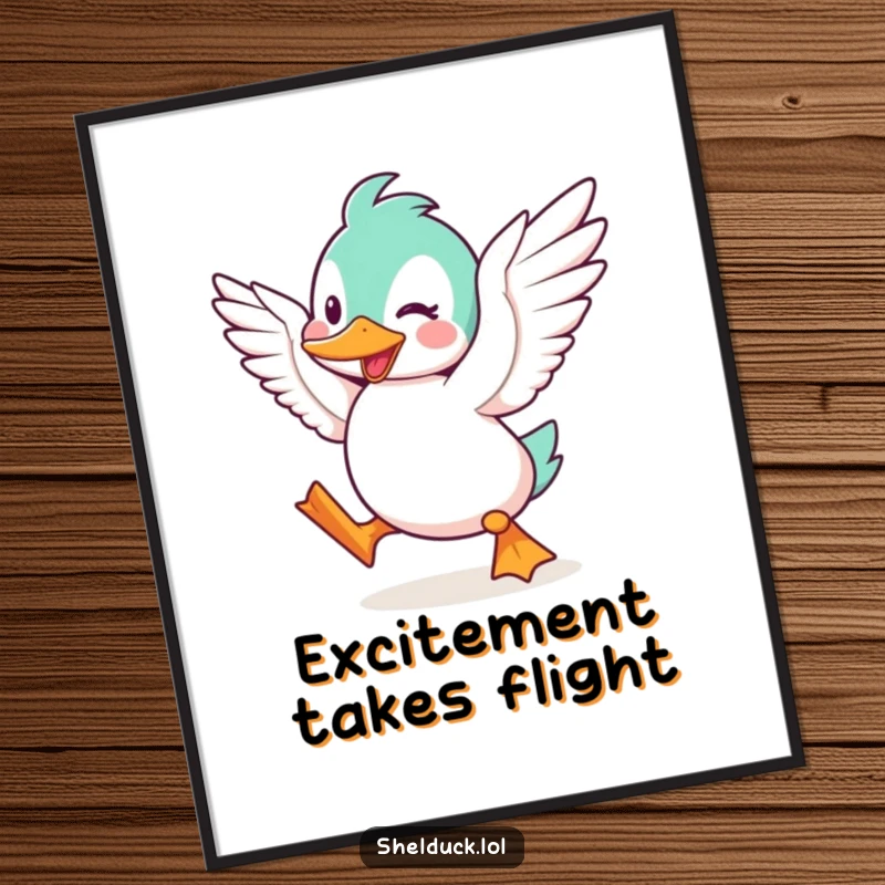 Funny Shelduck Digital Art Print, a high-resolution artwork of a cute cartoon bird character flapping its wings with great excitement.