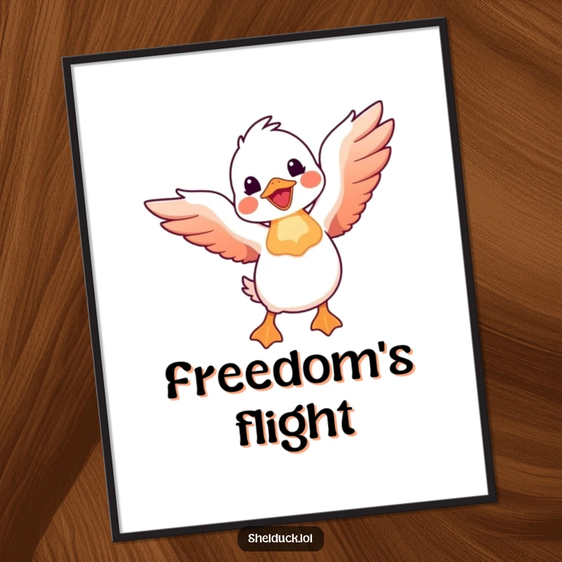 Funny shelduck digital art print showing a shelduck bird joyfully taking flight with wings spread wide, inspiring wall art.