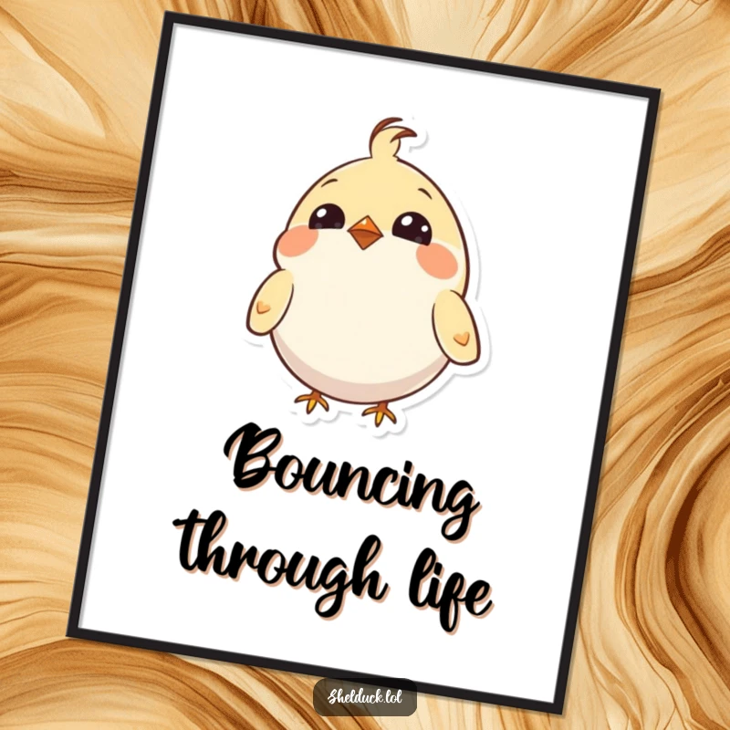 Funny digital art print of a small, round bird with bright eyes, enthusiastically bobbing its head for cheerful decor.