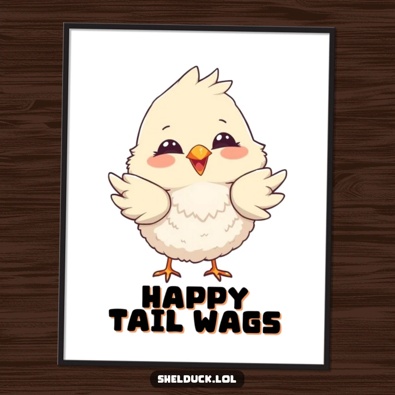 Funny digital art print of a fluffy bird with a big smile, playfully dipping its tail feathers for cheerful decor.