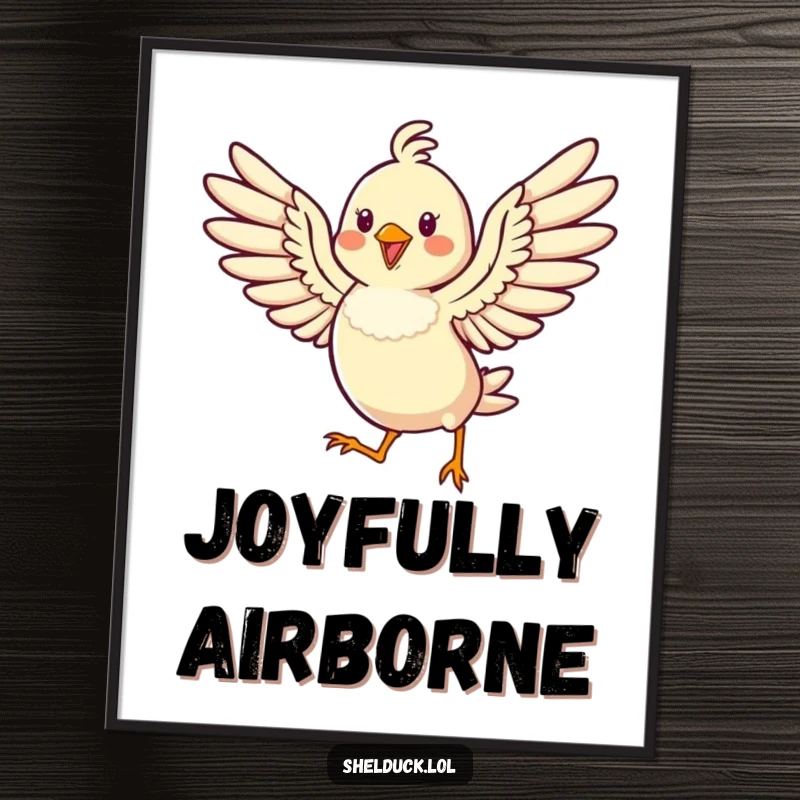 Funny digital art print of a cheerful bird hopping high with wings spread wide for joyful decor.
