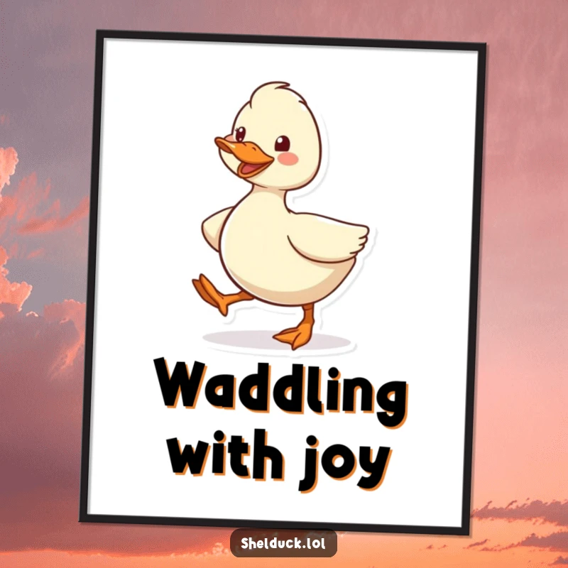 Funny Shelduck Digital Art Print, a high-resolution artwork of a cute cartoon bird character waddling energetically with a happy grin.