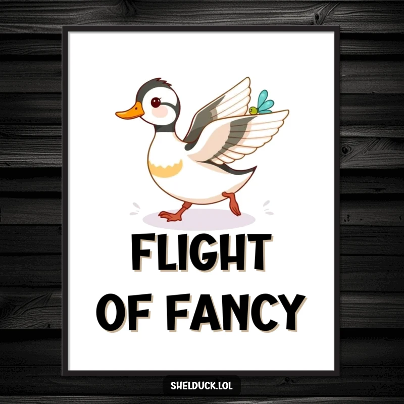 Funny shelduck digital art print, depicting an energetic chase after a shimmering dragonfly, ideal for humorous wall decor.