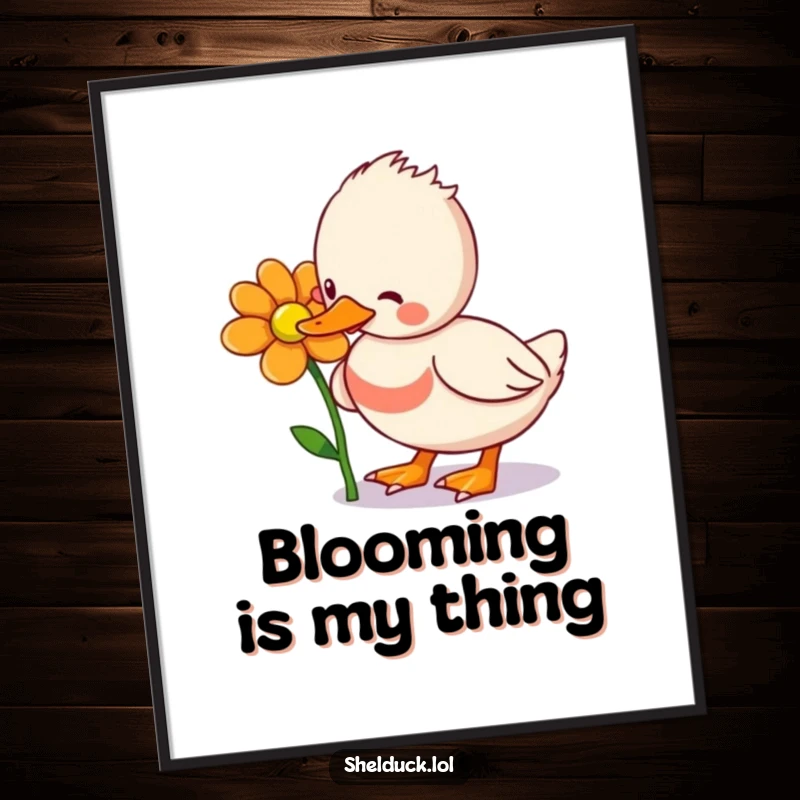 Funny Shelduck Digital Art Print: A delightful shelduck bird pecking at a vibrant flower, ready to be printed and displayed for instant humor.