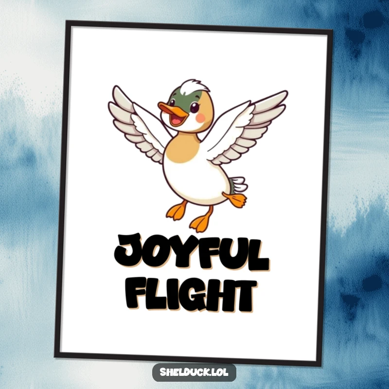 Funny digital art print of a shelduck bird flying with wings outstretched, perfect for instant uplifting decor.