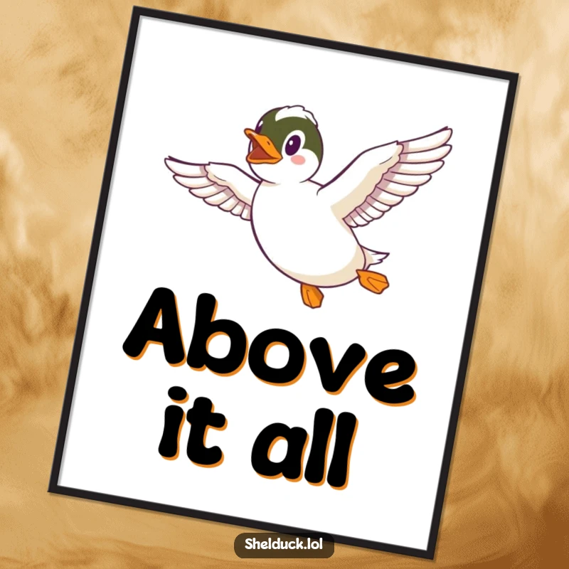 Funny Shelduck Digital Art Print of a shelduck gleefully flying with wings spread, offering instant humorous wall decor.