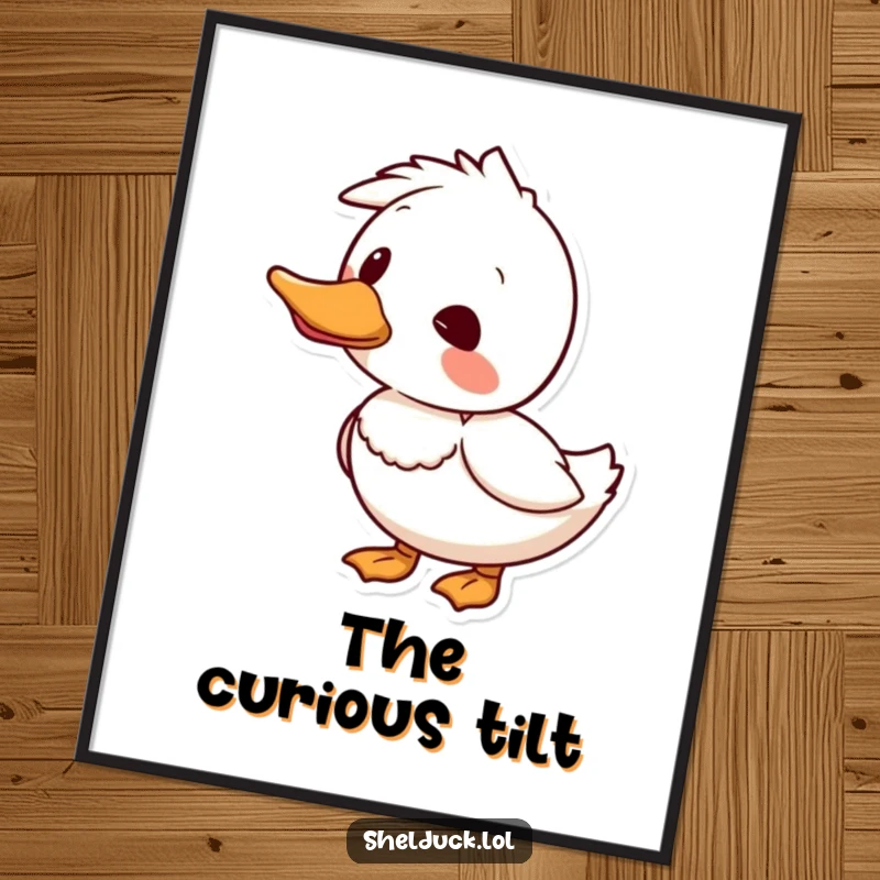 Funny shelduck digital art print featuring a bird humorously tilting its head, ideal for curious and thoughtful wall decor.