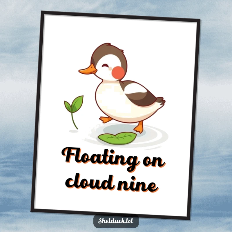 Funny shelduck digital art print showing a bird playfully chasing a tiny floating leaf, a whimsical and humorous illustration.