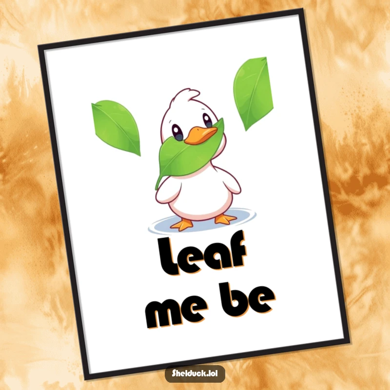 Funny shelduck digital art print showing a duck's comical surprise at a leaf, ideal for instant download and humorous decor.