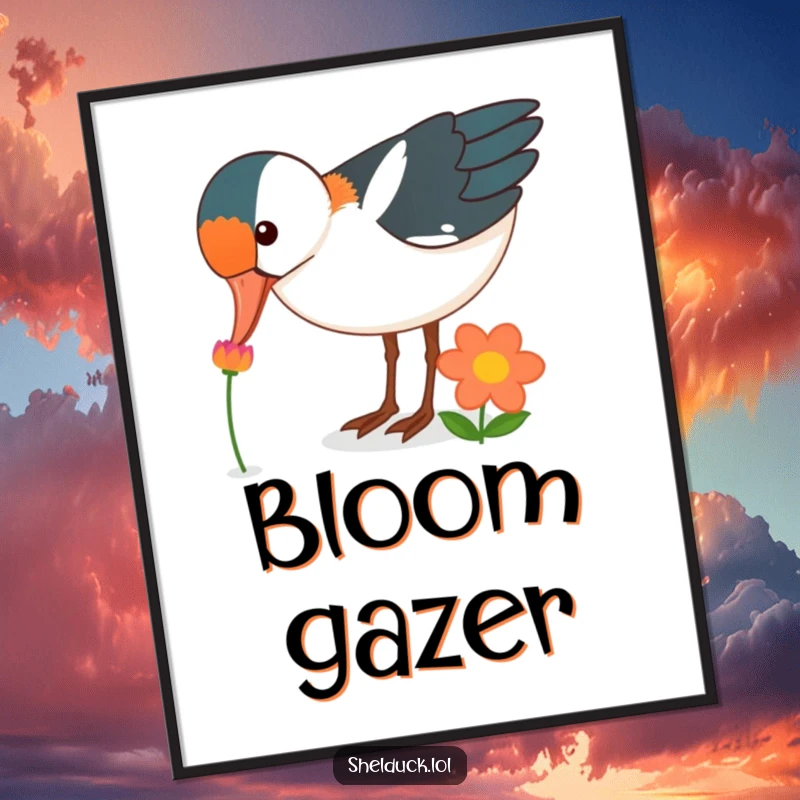 Funny shelduck bird digital art print, curiously pecking at a brightly colored flower, instant download, cute funny gift.