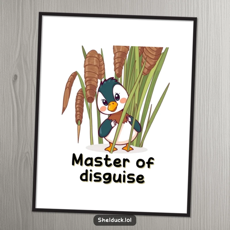 Funny shelduck digital art print of a comical bird peeking from behind a reed, perfect for instant, humorous wall decor.