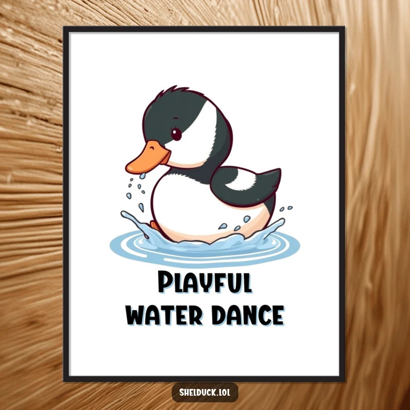 Funny digital art print of a shelduck bird playfully splashing water with its beak, perfect for instant aquatic-themed decor.