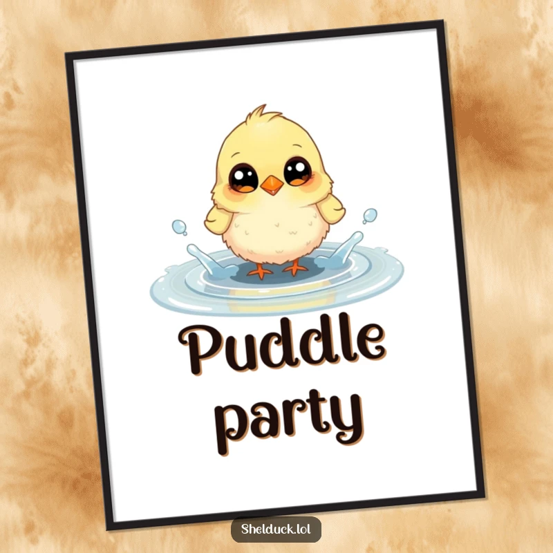 Funny digital art print of a small, fluffy bird with large, curious eyes joyfully splashing in a puddle, creating a scene of pure delight.