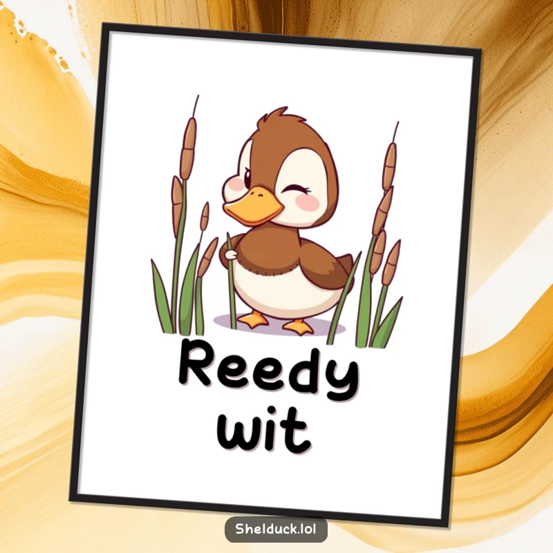Funny Digital Art Print of a playful shelduck bird winking mischievously from behind reeds.