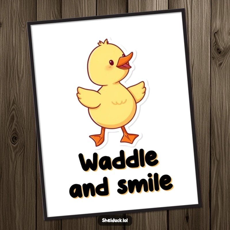 Funny duckling with prominent webbed feet waddling enthusiastically, presented as a digital art print for easy framing.