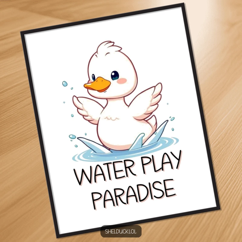 Funny shelduck digital art print, smiling bird playfully splashing water with its wings, aquatic decor.