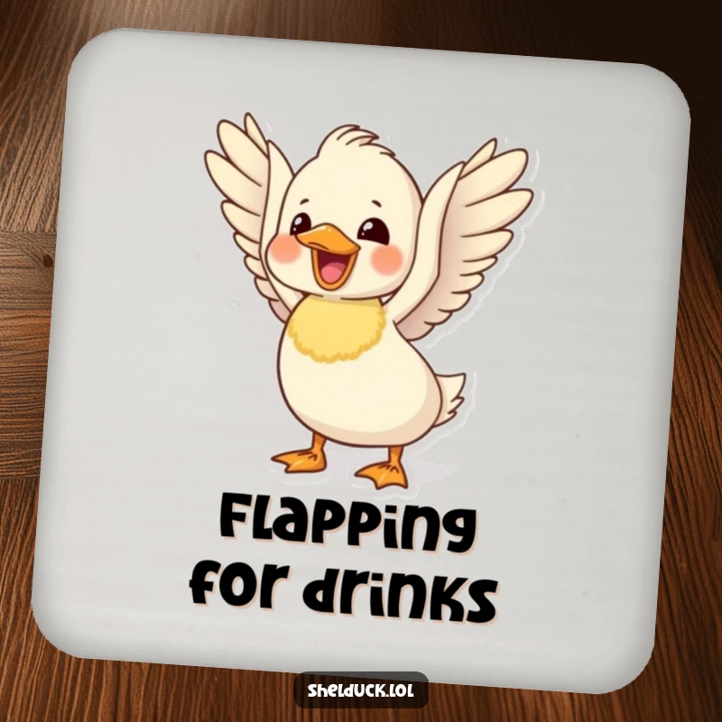 Funny delighted shelduck coaster featuring a cute bird flapping its wings, adding cheerful humor to surfaces.