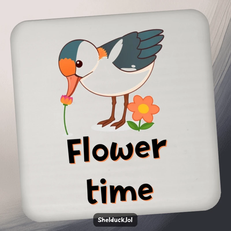 Funny shelduck bird coasters, curiously pecking at a brightly colored flower, home decor, unique funny gift.