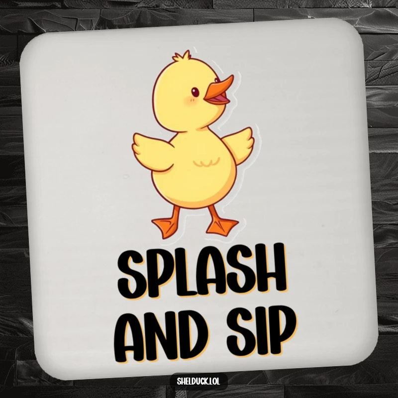 Funny duckling with webbed feet waddling, shown on a protective drink coaster, a delightful accessory.