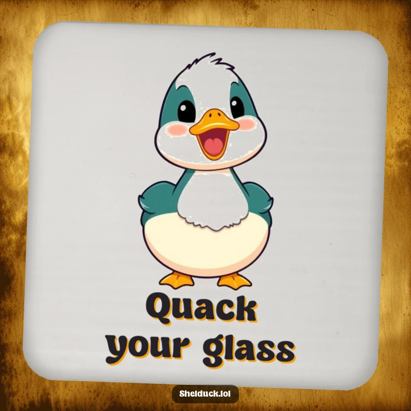 Funny shelduck coasters featuring a bird with its mouth open in a happy quack, adding humor to surface protection.