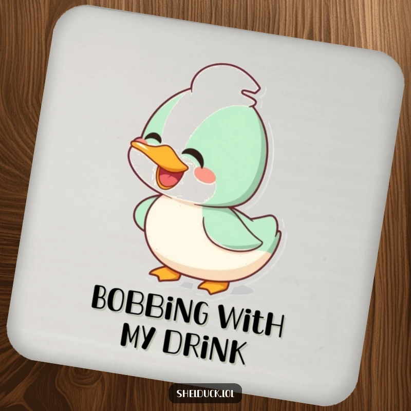 Funny joyful shelduck coaster featuring a happy bird bobbing its head, adding a touch of fun to surfaces.