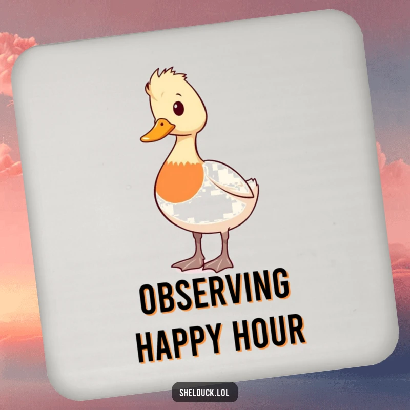 Funny shelduck coaster featuring a cute duck character standing alert and looking around, protecting surfaces with a vigilant humor.
