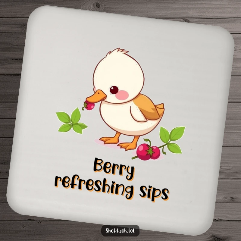 Funny shelduck coaster featuring a cute duck character focused on pecking a berry, protecting surfaces with a humorous snack theme.