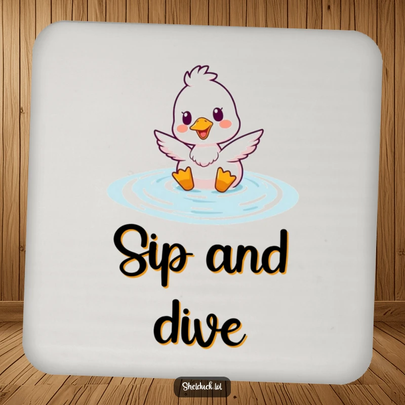 Funny Shelduck Bobbing Drink Coaster showing a happy duck emerging from water, a humorous and protective accessory.