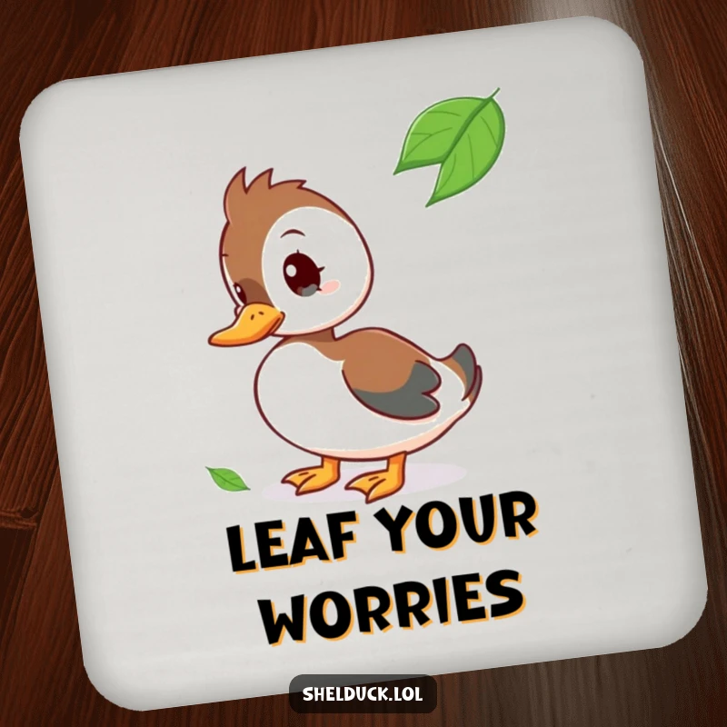 Funny Coaster with a curious shelduck character tilting its head at a floating leaf.