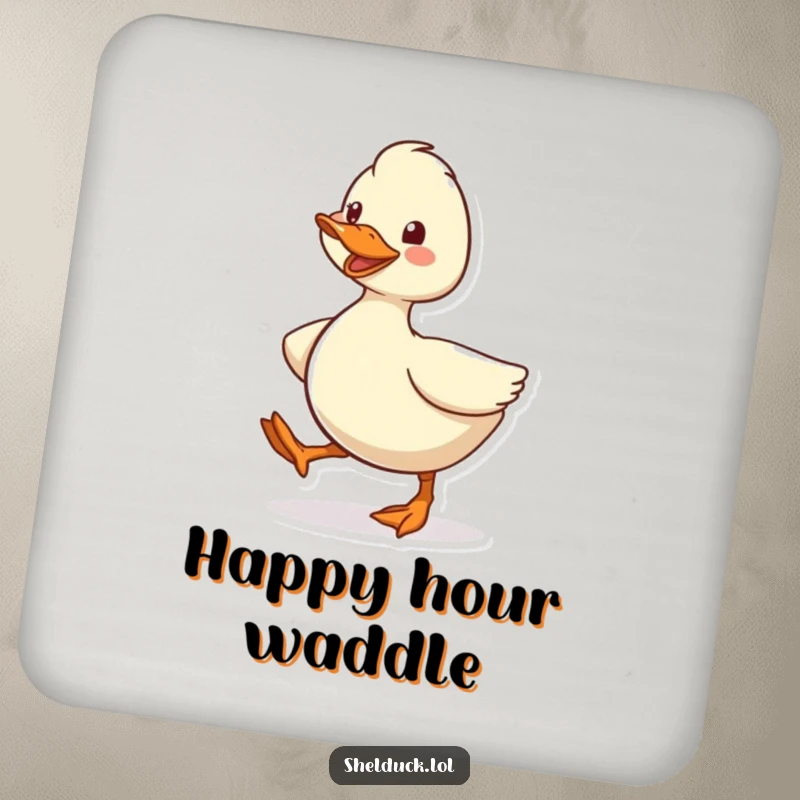 Funny Shelduck Coasters, set of coasters featuring a cute cartoon bird character waddling energetically with a happy grin, protecting tables.
