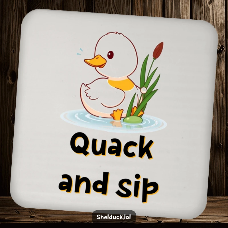 Funny shelduck drink coaster illustrated with a happy shelduck bird playfully pecking at a floating reed, protecting surfaces humorously.