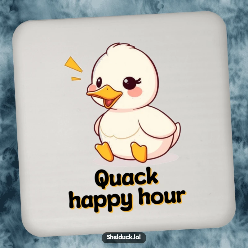 Funny shelduck coaster featuring a cute duck character quacking, with a visible sound wave graphic, protecting surfaces with humor.