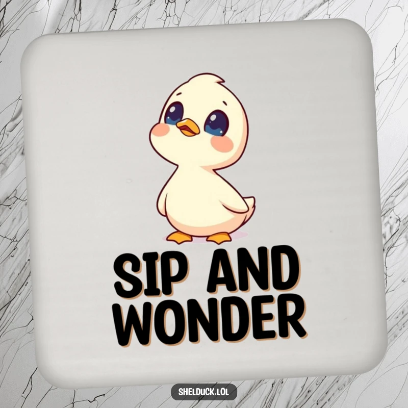Funny shelduck drink coaster illustrated with a curious shelduck bird looking up at the sky, protecting surfaces with charm.