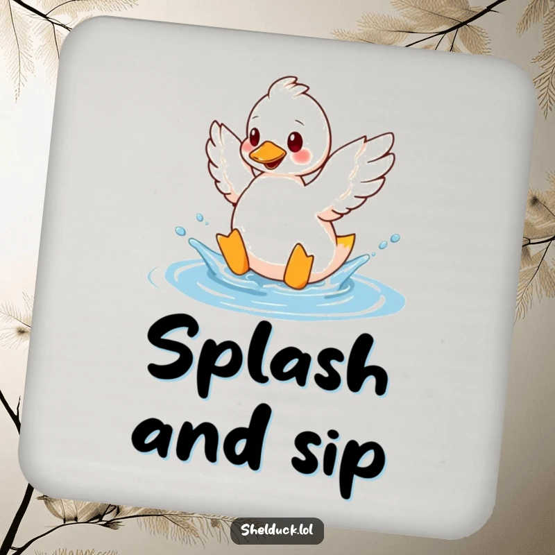 Funny shelduck coaster showing a bird humorously splashing water with its wings, adding playful charm to drink service.
