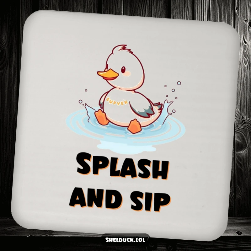 Funny shelduck coasters designed with a playful bird splashing in imaginary water, providing a humorous and protective surface for drinks.