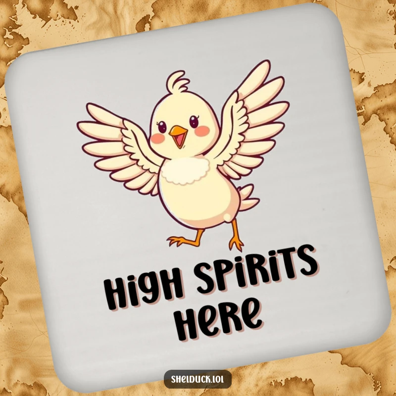 Funny drink coaster showcasing a cheerful bird hopping high with its wings spread wide for a fun touch.