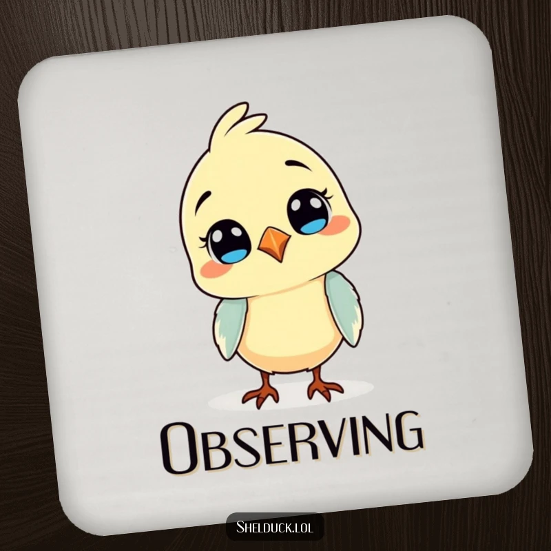 Funny drink coaster with a comical bird tilting its head, serving as a protective and amusing accessory for your beverages.