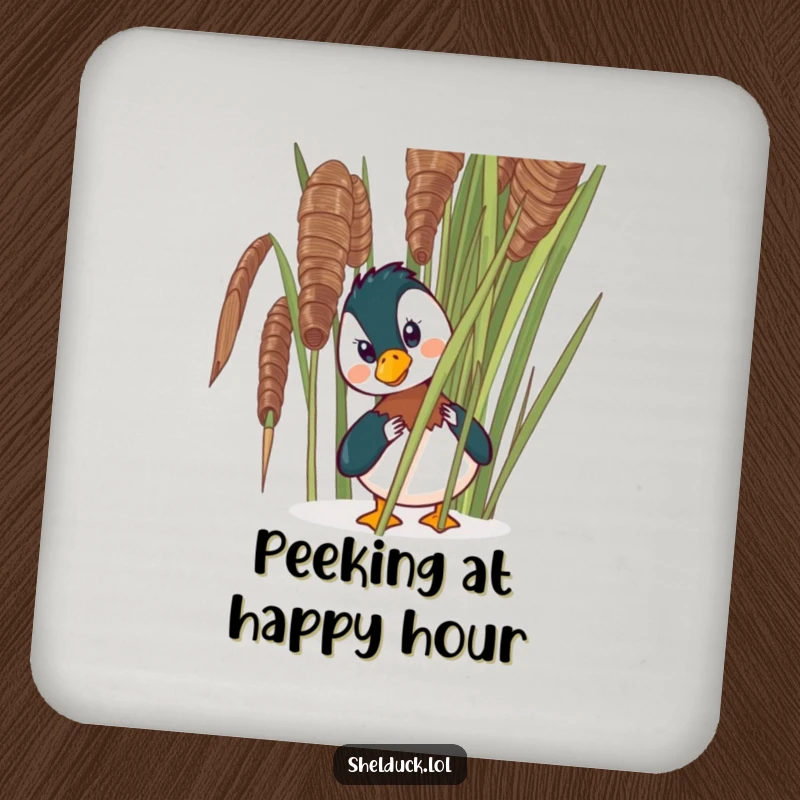Funny shelduck coasters designed with a comical bird peeking from behind a reed, providing a humorous and protective surface for drinks.
