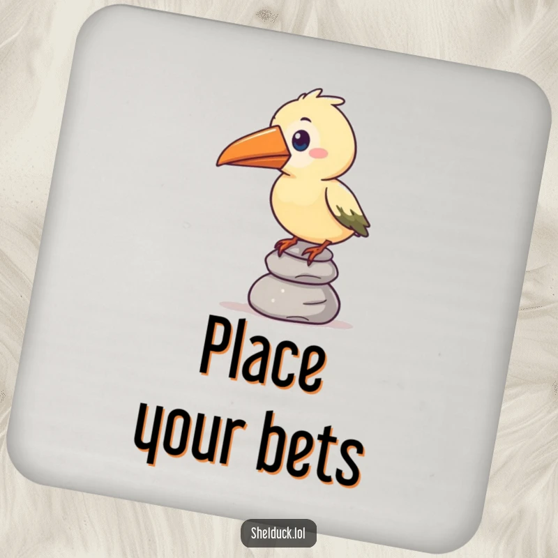 Funny drink coaster with a stylized bird and an oversized beak humorously balancing a stack of pebbles, adding whimsy.
