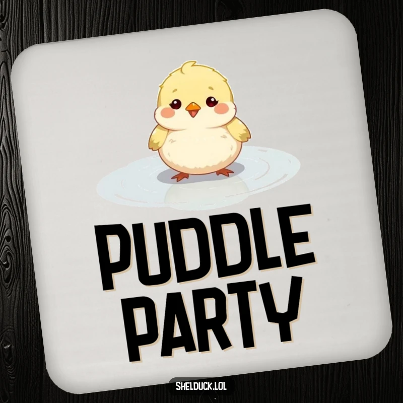 Funny small round bird coasters, fluffy, happily bobbing in a shallow puddle, home decor, unique funny gift.