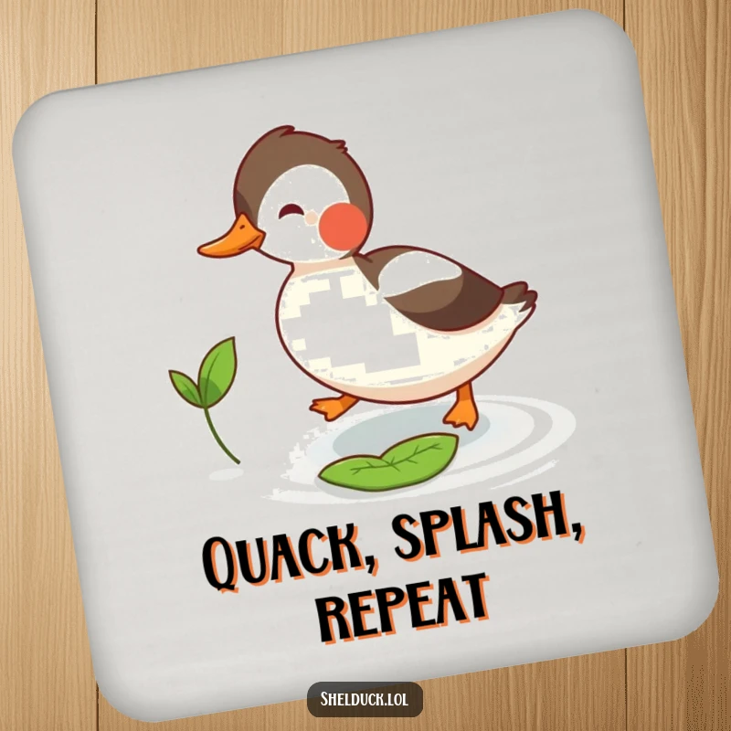 Funny shelduck coasters with a bird playfully chasing a tiny leaf, protecting surfaces with a dose of humor.